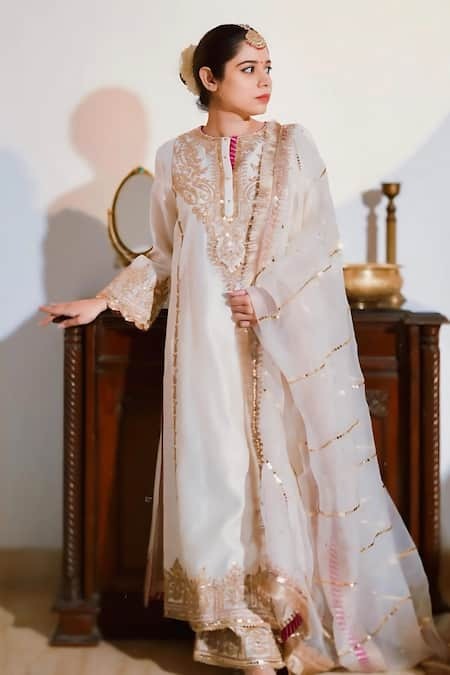 Sheetal Batra Ivory Kurta And Palazzo Silk Chanderi Embroidery Kiran Dori Mahika A-line Set 