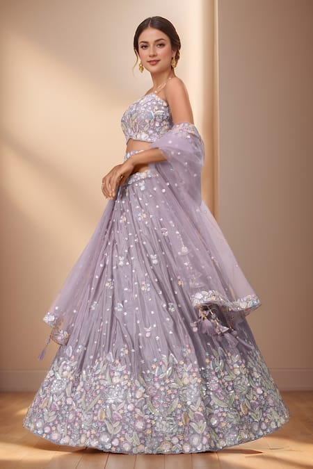 Buy_Samyukta Singhania_Purple Polyester, Net Sequins, Stones, Mauve Floral Bloom Applique Lehenga Set _Online_at_Aza_Fashions