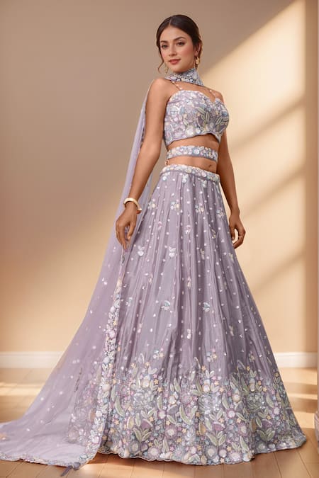 Shop_Samyukta Singhania_Purple Polyester, Net Sequins, Stones, Mauve Floral Bloom Applique Lehenga Set _Online_at_Aza_Fashions