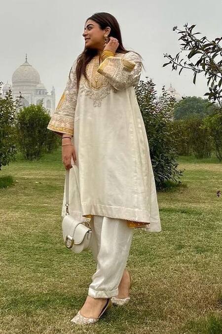 Shop_Sheetal Batra_Ivory Silk, Chanderi, Bamboo Gota Patti, Embroidery Mohsina Choga And Salwar Set 