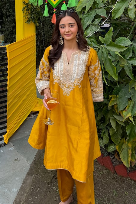 Shop Sheetal Batra Yellow Silk, Bamboo Embroidery, Gota Glaze Mustard Applique Choga And Salwar Set Shop_Sheetal Batra_Yellow Silk, Bamboo Embroidery, Gota Glaze Mustard Applique Choga And Salwar Set