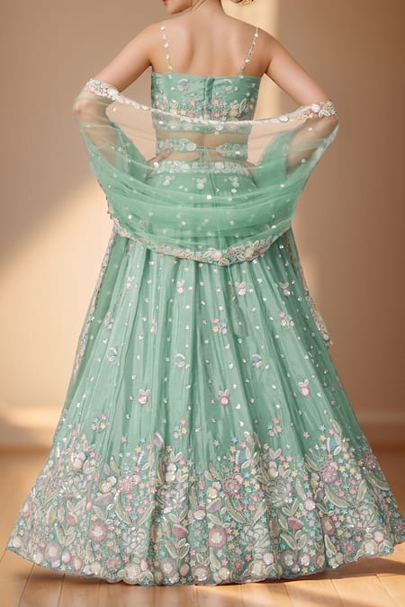 Shop Samyukta Singhania Green Polyester, Net Sequins, Stones, Zari, Sea Floral Bloom Lehenga Set at Aza Fashions Shop_Samyukta Singhania_Green Polyester, Net Sequins, Stones, Zari, Sea Floral Bloom Lehenga Set _at_Aza_Fashions