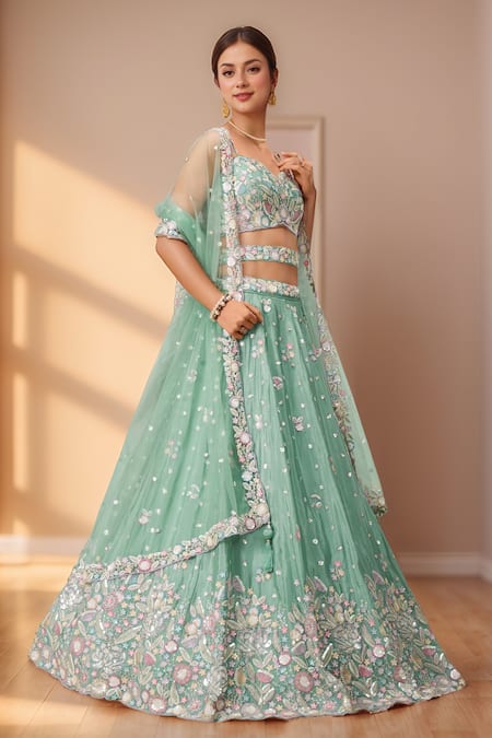 Samyukta Singhania Green Polyester, Net Sequins, Stones, Zari, Sea Floral Bloom Lehenga Set Online at Aza Fashions Samyukta Singhania_Green Polyester, Net Sequins, Stones, Zari, Sea Floral Bloom Lehenga Set _Online_at_Aza_Fashions