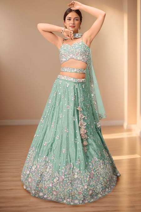 Buy Samyukta Singhania Green Polyester, Net Sequins, Stones, Zari, Sea Floral Bloom Lehenga Set Online at Aza Fashions Buy_Samyukta Singhania_Green Polyester, Net Sequins, Stones, Zari, Sea Floral Bloom Lehenga Set _Online_at_Aza_Fashions