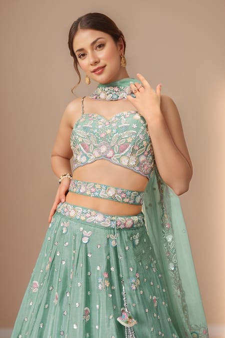 Shop Samyukta Singhania Green Polyester, Net Sequins, Stones, Zari, Sea Floral Bloom Lehenga Set Online at Aza Fashions Shop_Samyukta Singhania_Green Polyester, Net Sequins, Stones, Zari, Sea Floral Bloom Lehenga Set _Online_at_Aza_Fashions