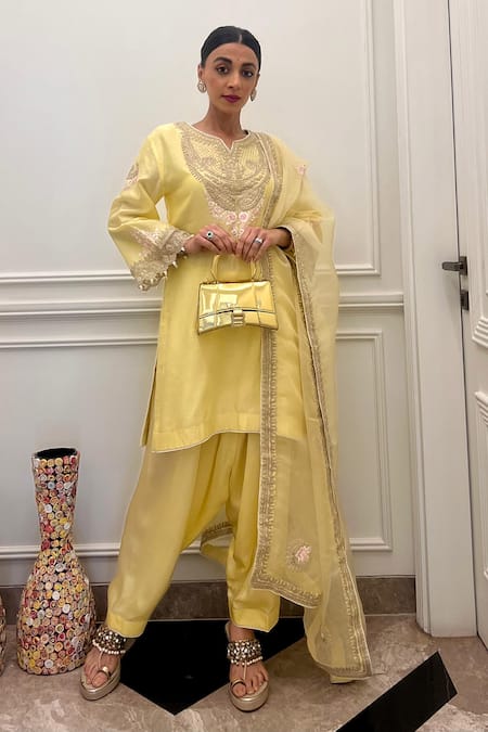 Sheetal Batra Yellow Kurta Silk Chanderi Placement Embroidery Kashmiri Ashira With Salwar 