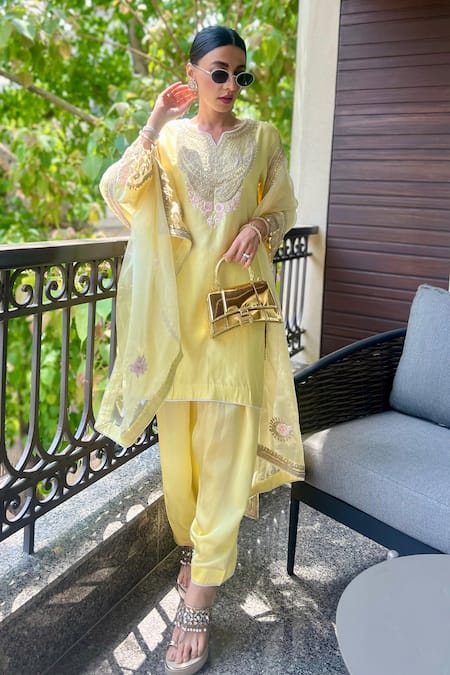 Shop Sheetal Batra Yellow Silk, Chanderi, Satin Embroidery Split V-neck Ashira Kurta With Salwar Shop_Sheetal Batra_Yellow Silk, Chanderi, Satin Embroidery Split V-neck Ashira Kurta With Salwar