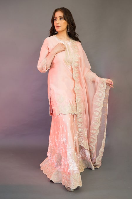 Sheetal Batra Pink Kurta And Sharara - Silk Chanderi Embroidery Kashmiri Tilla Ayda Set 