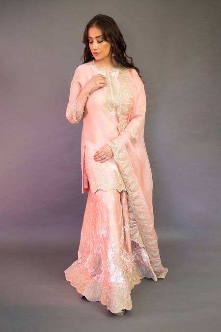 Buy Sheetal Batra Pink Silk Organza, Silk, Chanderi Metallic Thread, Ayda Kurta Sharara Set Buy_Sheetal Batra_Pink Silk Organza, Silk, Chanderi Metallic Thread, Ayda Kurta Sharara Set