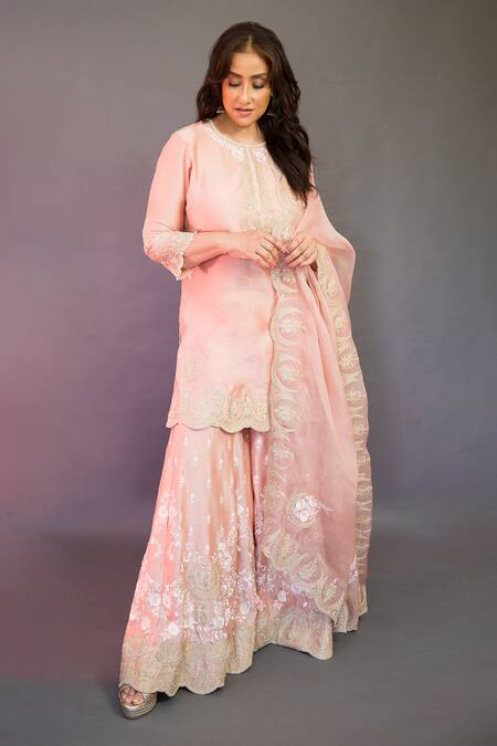 Shop Sheetal Batra Pink Silk Organza, Silk, Chanderi Metallic Thread, Ayda Kurta Sharara Set Shop_Sheetal Batra_Pink Silk Organza, Silk, Chanderi Metallic Thread, Ayda Kurta Sharara Set
