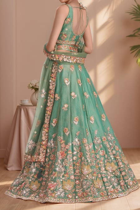 Shop_Samyukta Singhania_Green Organza, Net, Satin Embroidery, Sequins Asymmetric Floral Lehenga Set _at_Aza_Fashions