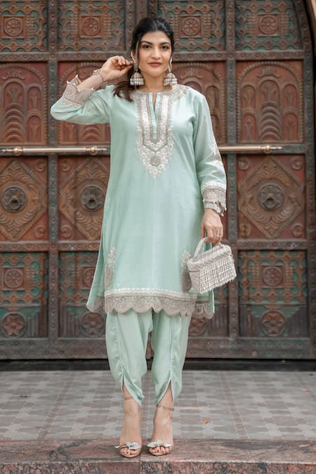 Buy_Sheetal Batra_Green Silk, Chanderi, Satin Ernika Parsi Gara Yoke Kurta With Dhoti Pant 