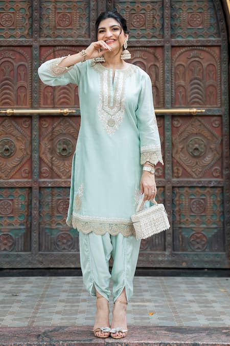 Shop_Sheetal Batra_Green Silk, Chanderi, Satin Ernika Parsi Gara Yoke Kurta With Dhoti Pant 