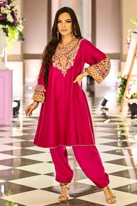 Shop_Sheetal Batra_Pink Silk, Chanderi, Bamboo Embroidery Split Mehrish Yoke Choga And Salwar Set 