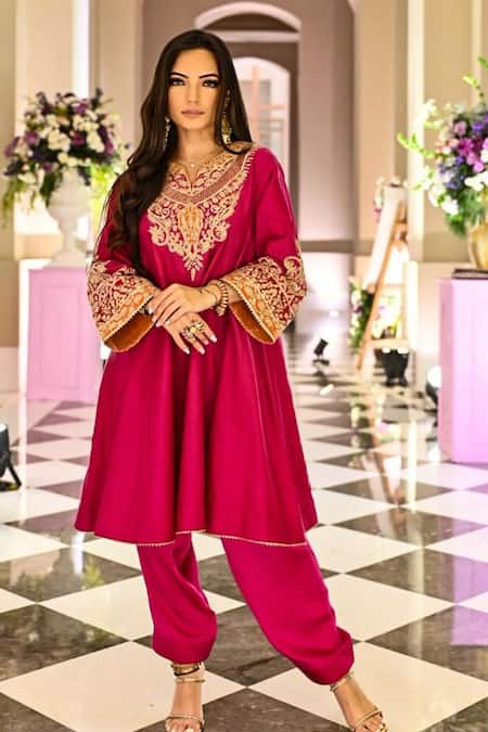 Sheetal Batra Pink Choga Silk Chanderi Embroidery Kashmiri Tilla Mehrish Yoke And Salwar Set 