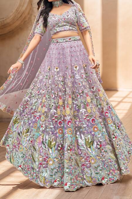 Samyukta Singhania_Purple Net, Linen Sequins, Stones, Embroidery, Beads Floral Garden Lehenga Set_Online_at_Aza_Fashions
