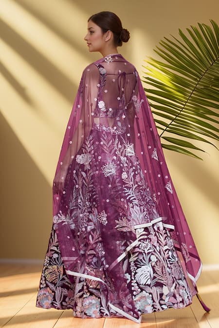 Samyukta Singhania Burgundy Floral Embroidered Lehenga Set 