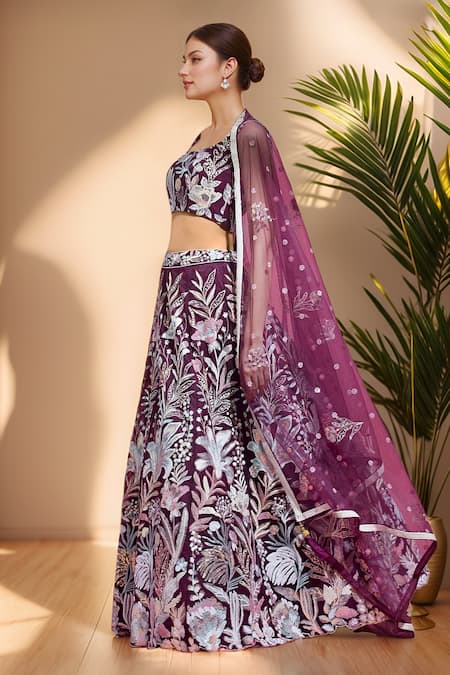 Shop Samyukta Singhania Burgundy Net, Linen Sequins, Cut Work, Embroidery Scoop Neck Floral Lehenga Set Online at Aza Fashions Shop_Samyukta Singhania_Burgundy Net, Linen Sequins, Cut Work, Embroidery Scoop Neck Floral Lehenga Set _Online_at_Aza_Fashions