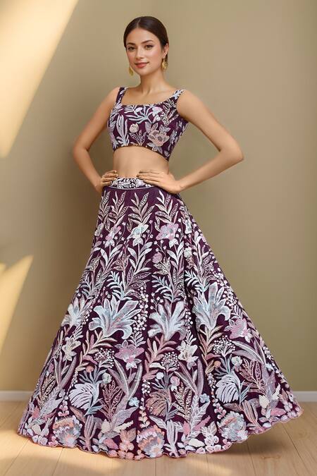 Buy Samyukta Singhania Burgundy Net, Linen Sequins, Cut Work, Embroidery Scoop Neck Floral Lehenga Set Buy_Samyukta Singhania_Burgundy Net, Linen Sequins, Cut Work, Embroidery Scoop Neck Floral Lehenga Set
