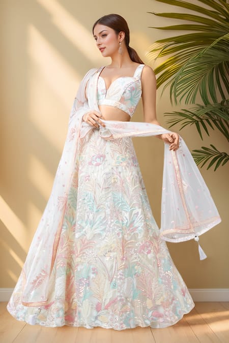 Samyukta Singhania Cream Net, Linen Sequins, Cut Work, Embroidery Sweetheart Floral Lehenga Set at Aza Fashions Samyukta Singhania_Cream Net, Linen Sequins, Cut Work, Embroidery Sweetheart Floral Lehenga Set _at_Aza_Fashions