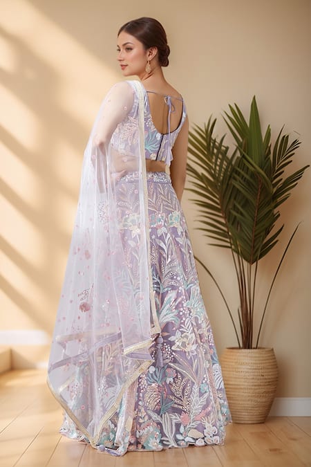 Shop_Samyukta Singhania_Purple Net, Linen Sequins, Cut Work, Embroidery Scoop Neck Floral Lehenga Set _at_Aza_Fashions
