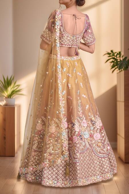 Shop Samyukta Singhania Rose Gold Tissue, Net Sequins, Stones, Embroidery Boat Floral Jaali Lehenga Set at Aza Fashions Shop_Samyukta Singhania_Rose Gold Tissue, Net Sequins, Stones, Embroidery Boat Floral Jaali Lehenga Set_at_Aza_Fashions