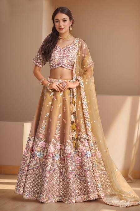 Shop Samyukta Singhania Rose Gold Tissue, Net Sequins, Stones, Embroidery Boat Floral Jaali Lehenga Set Online at Aza Fashions Shop_Samyukta Singhania_Rose Gold Tissue, Net Sequins, Stones, Embroidery Boat Floral Jaali Lehenga Set_Online_at_Aza_Fashions