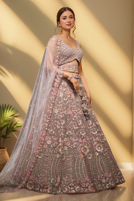 Buy_Samyukta Singhania_Purple Net Sequins, Stones, Zari V-neck Floral Embroidered Lehenga Set_Online_at_Aza_Fashions