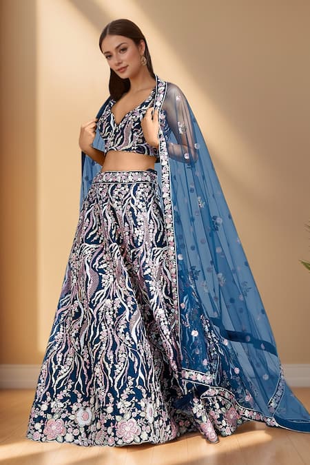 Buy_Samyukta Singhania_Blue Net, Linen Sequins, Stones, Zari, Embroidery Navy Floral Vine Lehenga Set _Online_at_Aza_Fashions