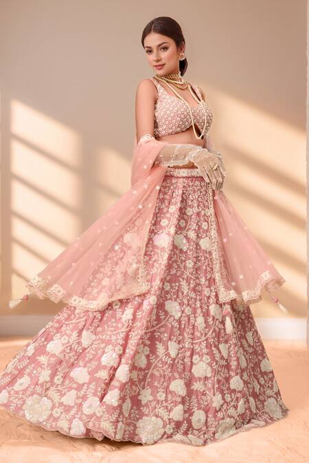 Samyukta Singhania_Rose Gold Polyester, Net Sequins, Stones, Zari, Floral Applique Lehenga Set_Online_at_Aza_Fashions