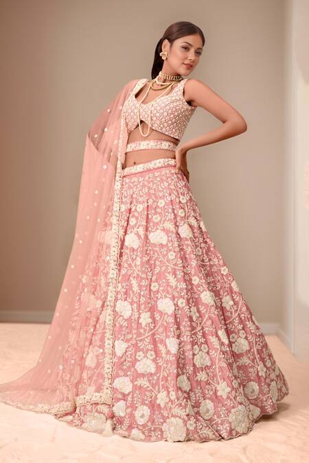 Buy_Samyukta Singhania_Rose Gold Polyester, Net Sequins, Stones, Zari, Floral Applique Lehenga Set_Online_at_Aza_Fashions