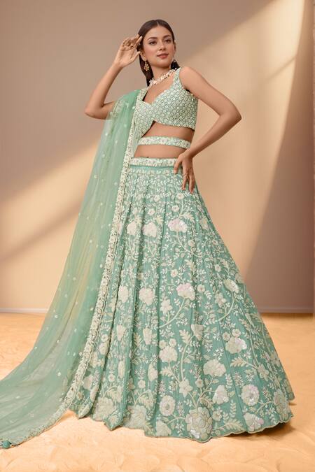 Buy_Samyukta Singhania_Green Polyester, Net Embroidery, Sequins, Zari Floral Applique Lehenga Set_Online_at_Aza_Fashions