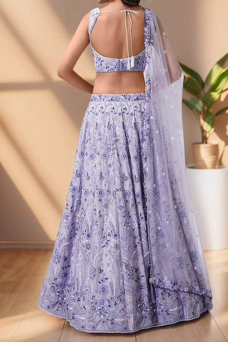 Shop_Samyukta Singhania_Purple Polyester, Net, Silk Sequins, Zari Floral Thread Embroidered Lehenga Set _at_Aza_Fashions