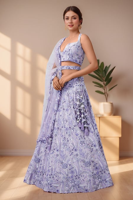Buy_Samyukta Singhania_Purple Polyester, Net, Silk Sequins, Zari Floral Thread Embroidered Lehenga Set 