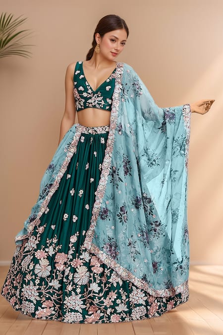 Samyukta Singhania Green Polyester, Organza Sequins, Zari, Stones, Floral Pleated Lehenga Set Online at Aza Fashions Samyukta Singhania_Green Polyester, Organza Sequins, Zari, Stones, Floral Pleated Lehenga Set_Online_at_Aza_Fashions