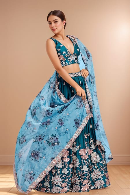 Buy_Samyukta Singhania_Teal Polyester, Organza Sequins, Zari, Green Floral Embroidered Lehenga Set_Online_at_Aza_Fashions