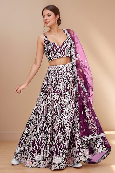 Buy_Samyukta Singhania_Burgundy Net, Linen Sequins, Zari, Stones, Embroidery Floral Vine Lehenga Set _Online_at_Aza_Fashions