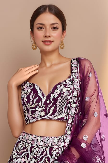 Samyukta Singhania_Burgundy Net, Linen Sequins, Zari, Stones, Embroidery Floral Vine Lehenga Set _at_Aza_Fashions