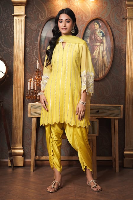 Buy_Surabhi Arya_Yellow Chanderi, Modal, Satin, Floral Zari Cutwork Sleeves Kurta Dhoti Pant Set 