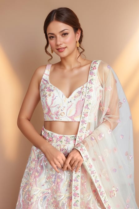 Samyukta Singhania_Cream Net, Linen Sequins, Zari, Stones Floral Vine Embroidered Lehenga Set _at_Aza_Fashions
