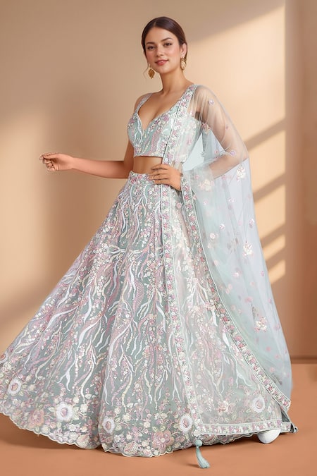 Samyukta Singhania_Blue Net, Linen Sequins, Stones, Embroidery, Zari Open Floral Vine Lehenga Set _at_Aza_Fashions