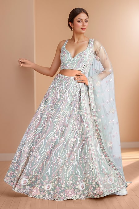 Buy_Samyukta Singhania_Blue Net, Linen Sequins, Stones, Embroidery, Zari Open Floral Vine Lehenga Set 