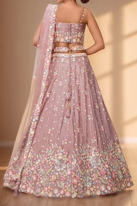 Shop_Samyukta Singhania_Rose Gold Polyester, Net Sequins, Stones, Zari Floral Bloom Applique Lehenga Set _at_Aza_Fashions