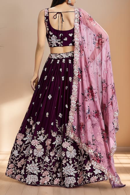 Shop Samyukta Singhania Burgundy Polyester, Organza Sequins, Stones, Zari, Floral Lehenga Set at Aza Fashions Shop_Samyukta Singhania_Burgundy Polyester, Organza Sequins, Stones, Zari, Floral Lehenga Set_at_Aza_Fashions