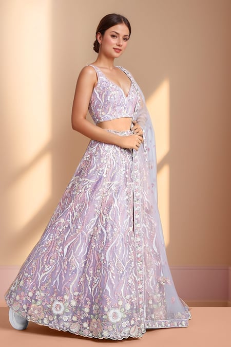 Buy_Samyukta Singhania_Purple Net, Linen Sequins, Stones, Zari Floral Vine Embroidered Lehenga Set 
