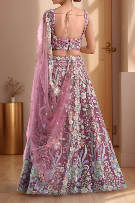 Shop Samyukta Singhania Pink Net, Linen Sequins, Stones, Applique Floral Embroidered Lehenga Set at Aza Fashions Shop_Samyukta Singhania_Pink Net, Linen Sequins, Stones, Applique Floral Embroidered Lehenga Set_at_Aza_Fashions