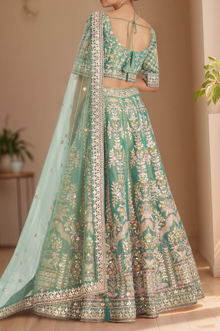 Shop_Samyukta Singhania_Green Tissue, Net Sequins, Stones, Embroidery Mughal Zari Lehenga Set _at_Aza_Fashions