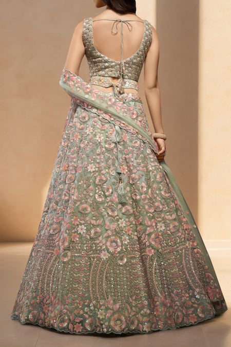 Shop Samyukta Singhania Green Net, Linen Sequins, Zari, Embroidery Asymmetric Floral Lehenga Set at Aza Fashions Shop_Samyukta Singhania_Green Net, Linen Sequins, Zari, Embroidery Asymmetric Floral Lehenga Set _at_Aza_Fashions