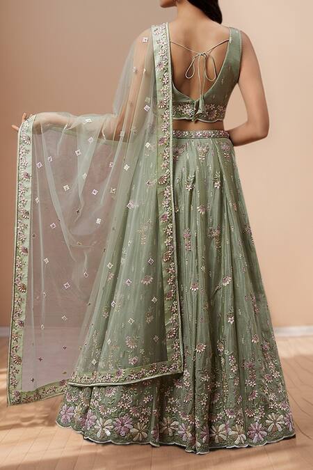Shop Samyukta Singhania Green Polyester, Net, Georgette Sequins, Zari, Applique Floral Lehenga Set at Aza Fashions Shop_Samyukta Singhania_Green Polyester, Net, Georgette Sequins, Zari, Applique Floral Lehenga Set_at_Aza_Fashions