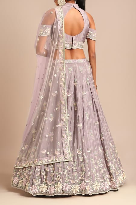 Shop_Samyukta Singhania_Purple Polyester, Net Sequins, Stones, Embroidery, Zari Floral Lehenga Set _at_Aza_Fashions